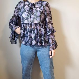 Long sleeve sheer floral blouse